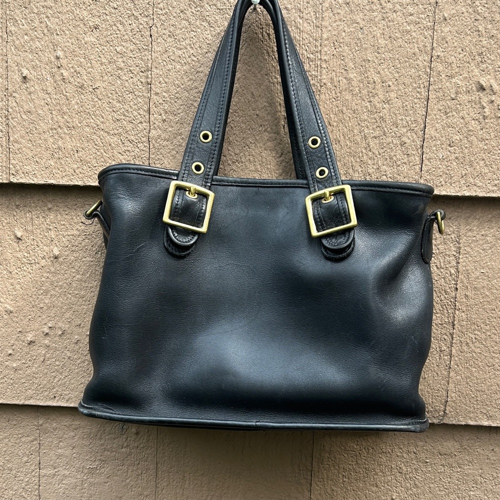Vintage Coach Black Leather Tote Bag with Gold Accents